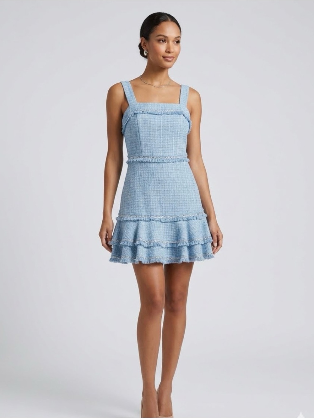 All in Favor Classic Structured Light Blue Tweed Ruffle Mini Dress